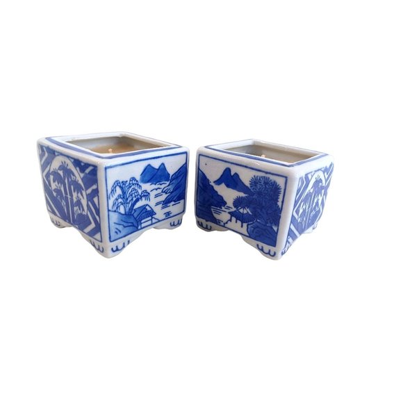 Vintage Set of 2 Delft Blue Trinket Holders Porcelain Hand Painted 3x3" Oriental - Picture 2 of 6